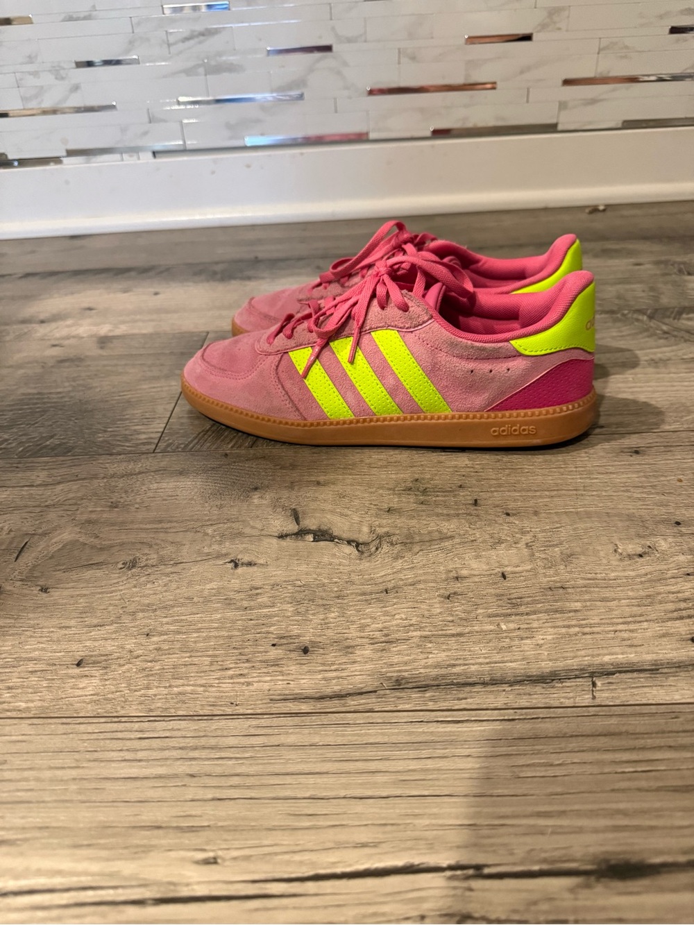 adidas Pink Suede Sneakers with Neon Yellow Stripes
